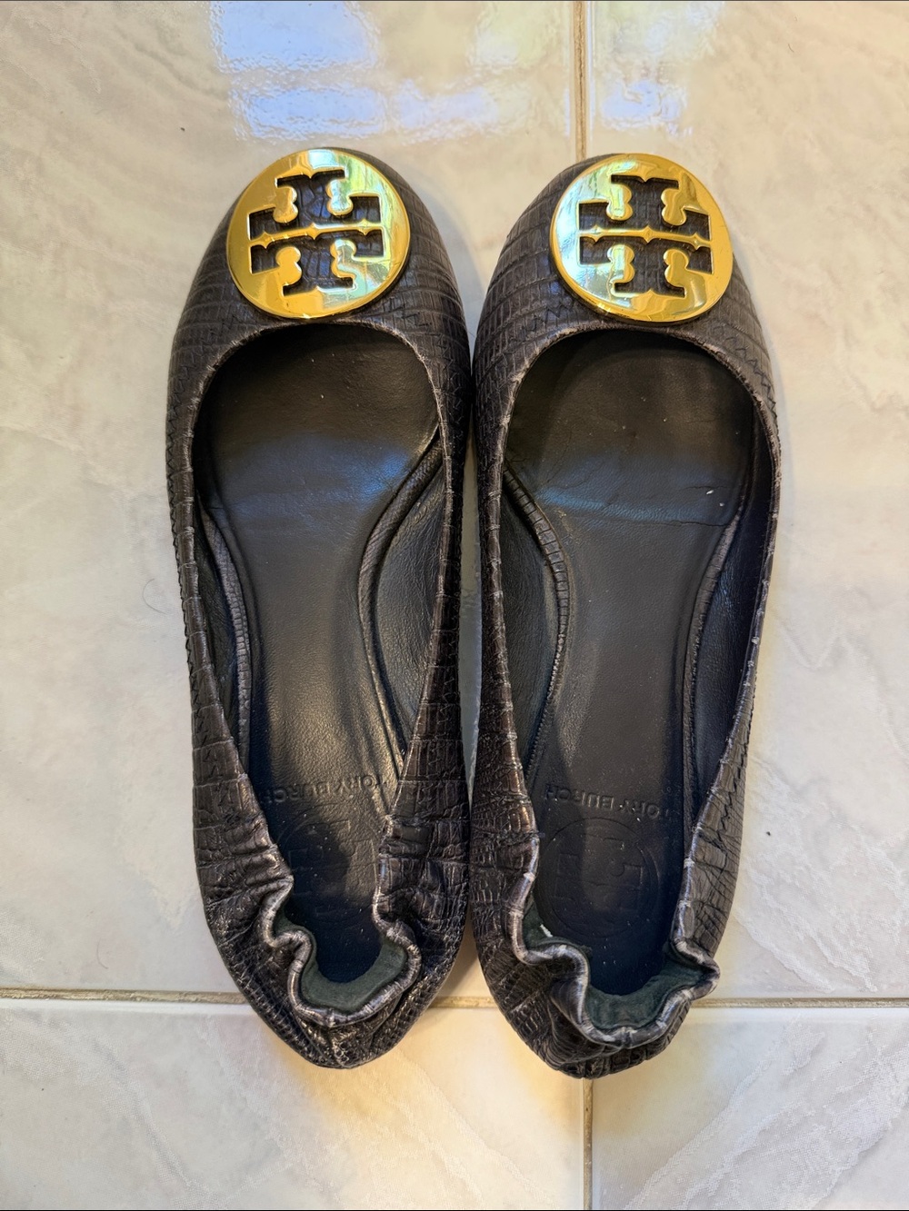 Tory Burch Dark Navy Leather Logo Medallion Ballet Flats